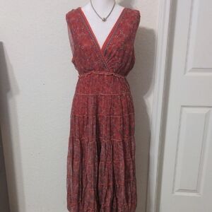 Max Studio Boho Sheer Floral Red Ruffled Layers Sleeveless Maxi Dress. Size XL
